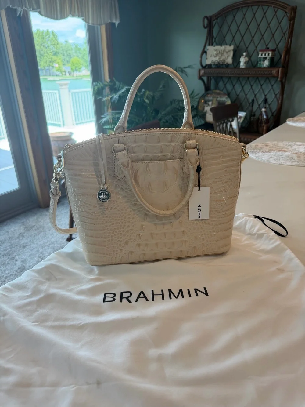 Brahmin Cream Croc-Embossed Dome Satchel